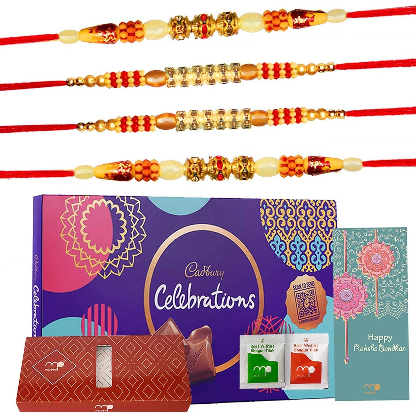 Maalpani Rakhi wIth Celebration Pack For Brother | 4 Rakhi set With Raksha-Bandhan Festival Celebration Pack | Chocolate for Rakhi Festival C405-2-2C