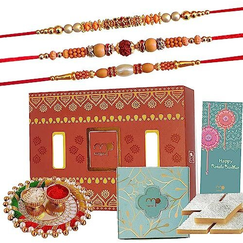 Maalpani Rakhi Kaju Katali Sweets Combo | 3 Rakhi and Sweets with pooja gift for Rakshabandhan | Rakhi with sweets(60gram) Combo for Brother greeting card D30213S