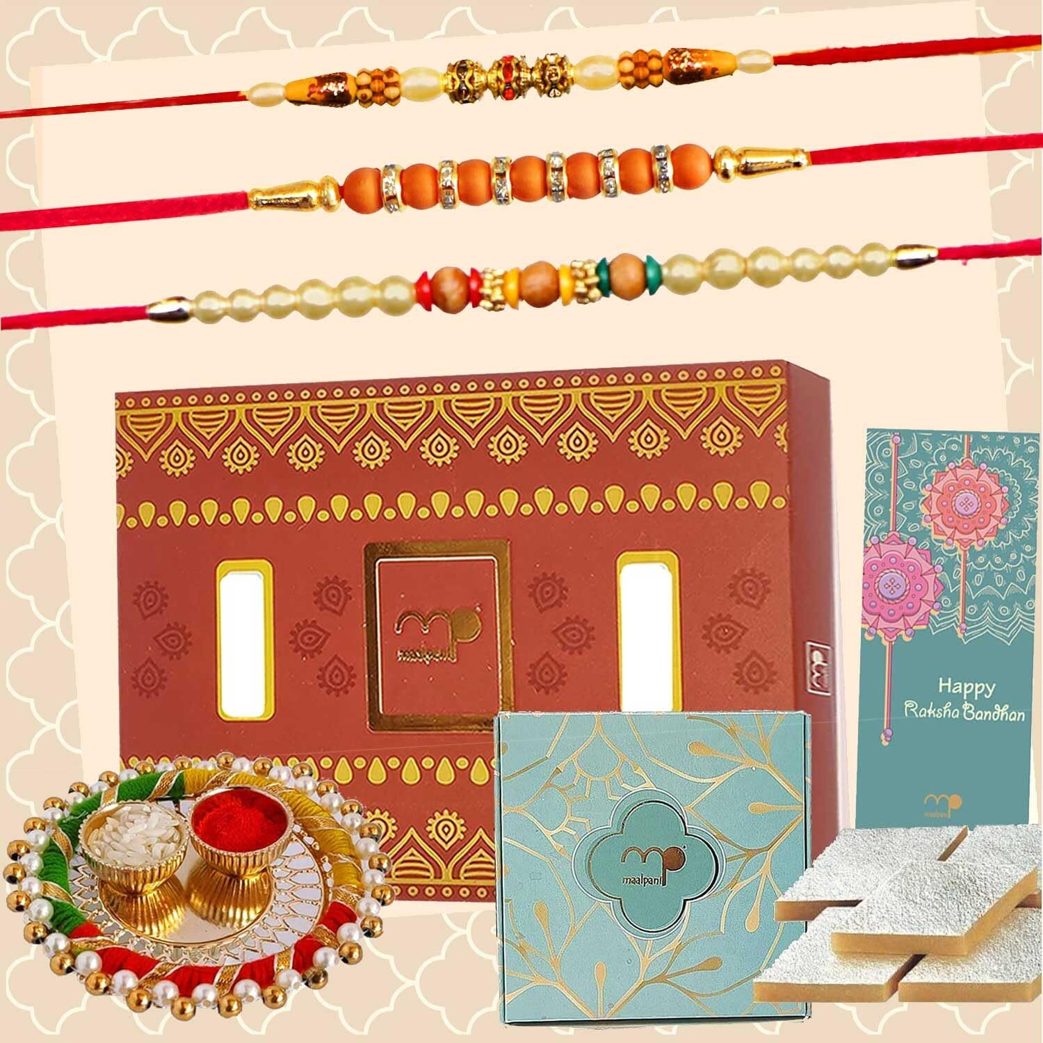 Maalpani Rakhi Sweets gift Set | 3 Rakhi and Sweets with pooja gift for Rakshabandhan | Rakhi with sweets Hamper for Brother greeting card D30413S