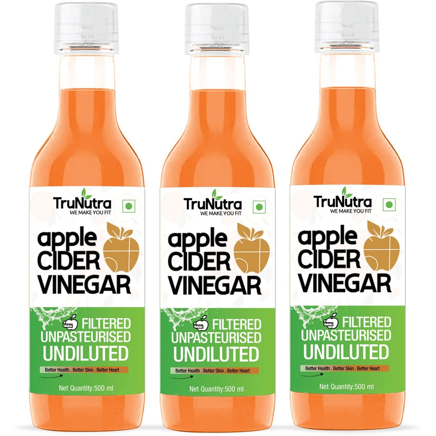 TruNutra - Apple Cider Vinegar (Filtered) For Weight Loss |100% Natural Himalayan Apples | Help In Digestion No Added Sugar Apple Cider Acv | 500ml (Pack 3)