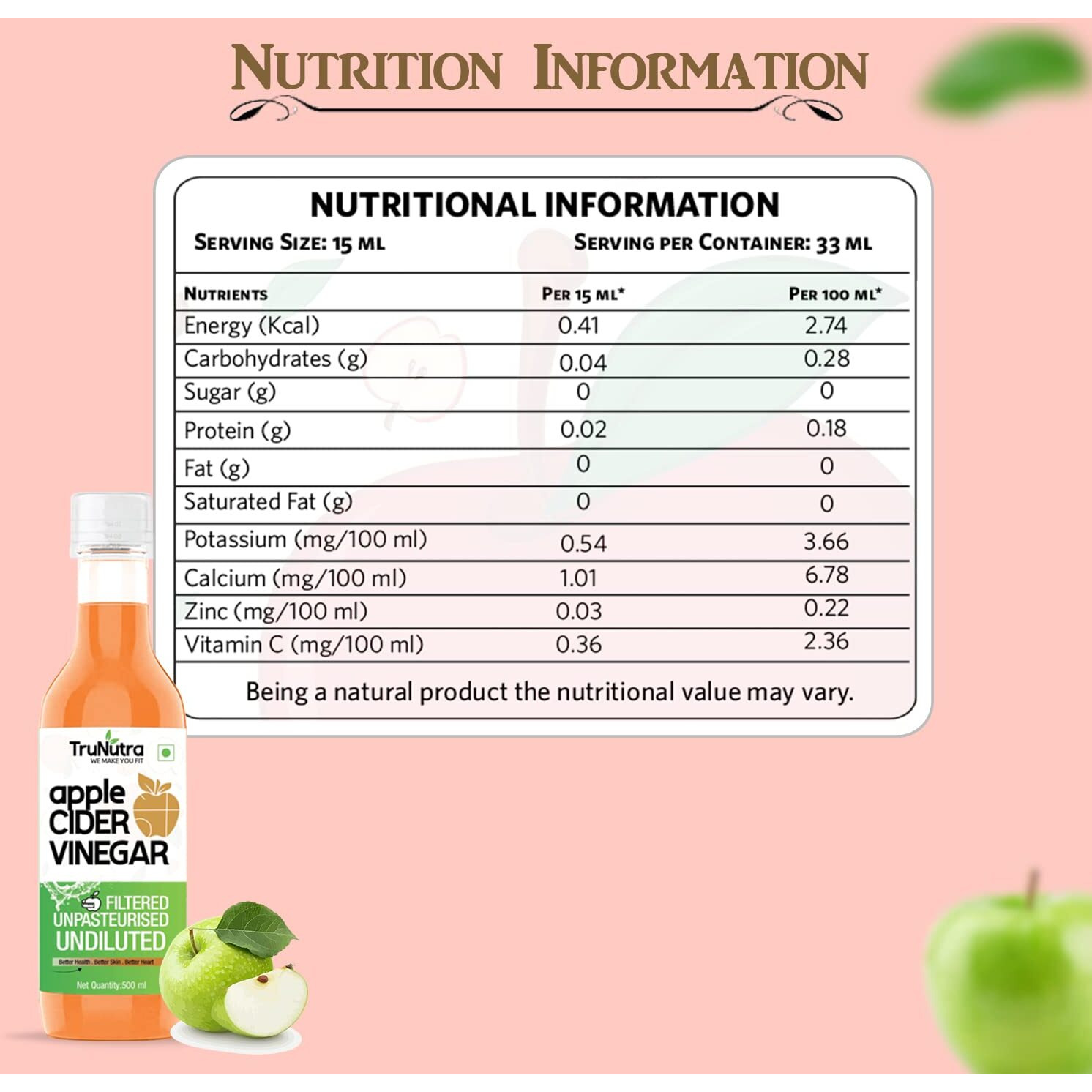 TruNutra - Apple Cider Vinegar (Filtered) For Weight Loss |100% Natural Himalayan Apples | Help In Digestion No Added Sugar Apple Cider Acv | 500ml (Pack 3)