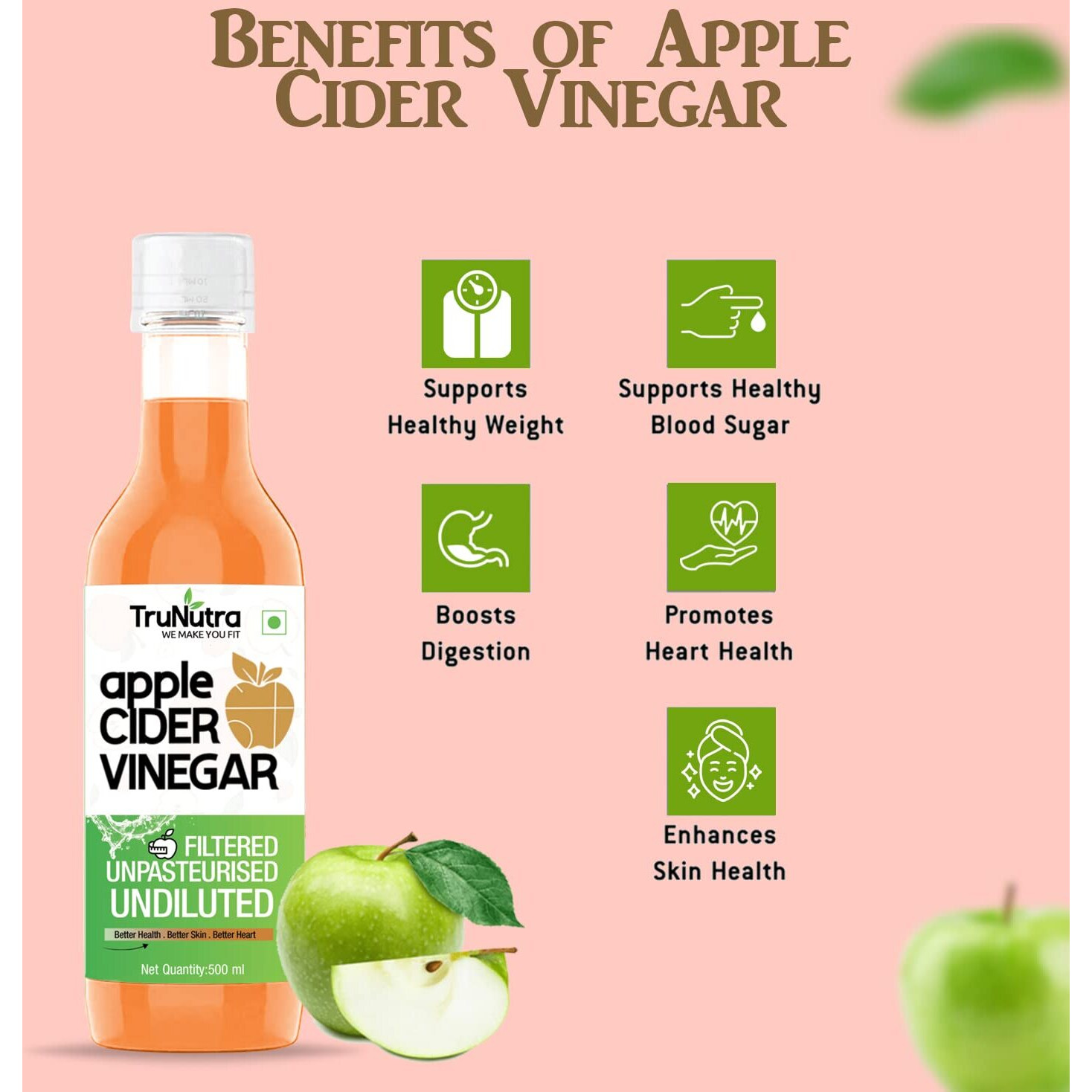 TruNutra - Apple Cider Vinegar (Filtered) For Weight Loss |100% Natural Himalayan Apples | Help In Digestion No Added Sugar Apple Cider Acv | 500ml (Pack 3)
