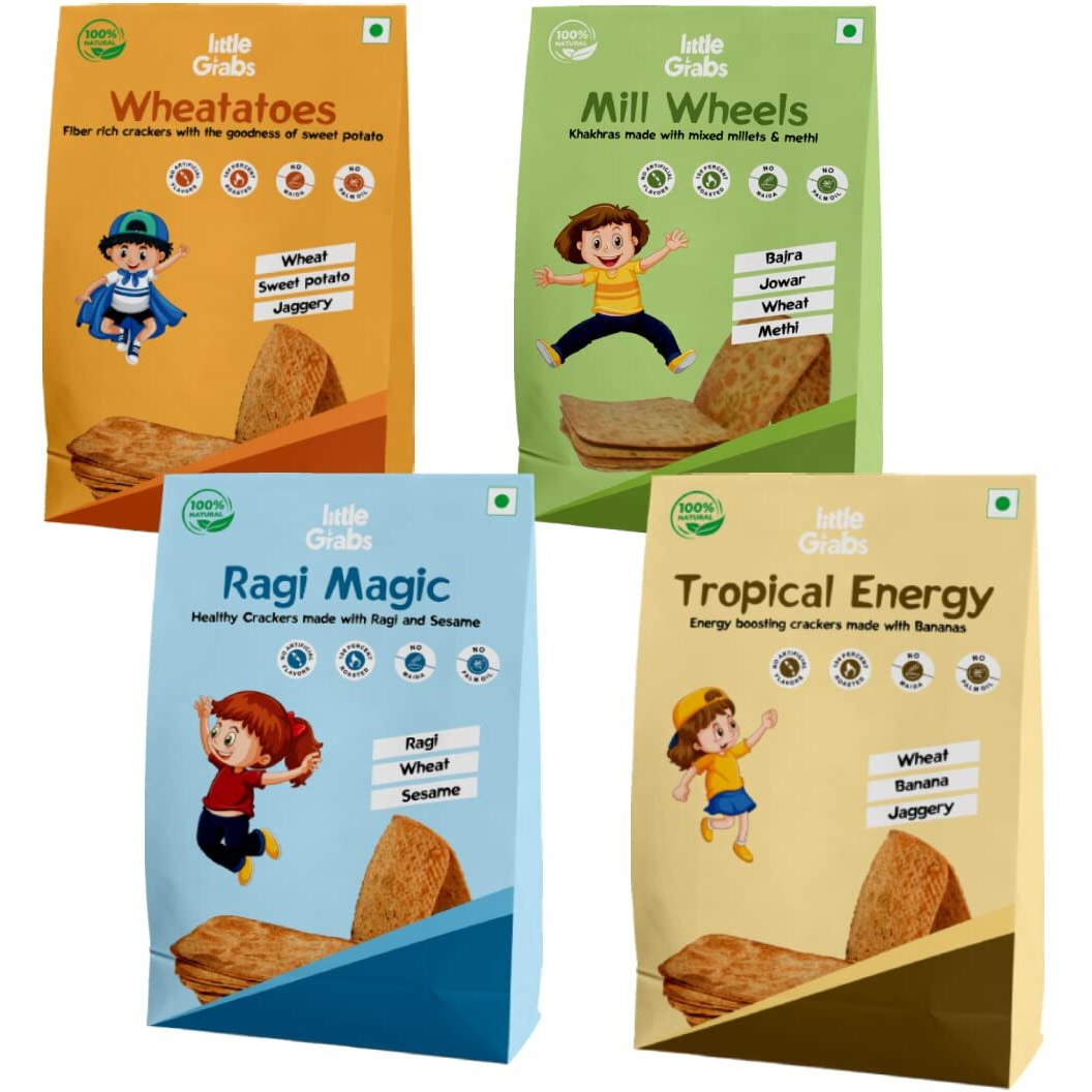 Little Grabs - 4 Flavour(Jowar + Ragi + Potato + Banana) Khakhra Snack 100Gm Each (Pack Of 4) | Hand Roasted | Healthy Crispy Khakhra For Kids & Adults | Organic Cold-Pressed Sunflower Oil