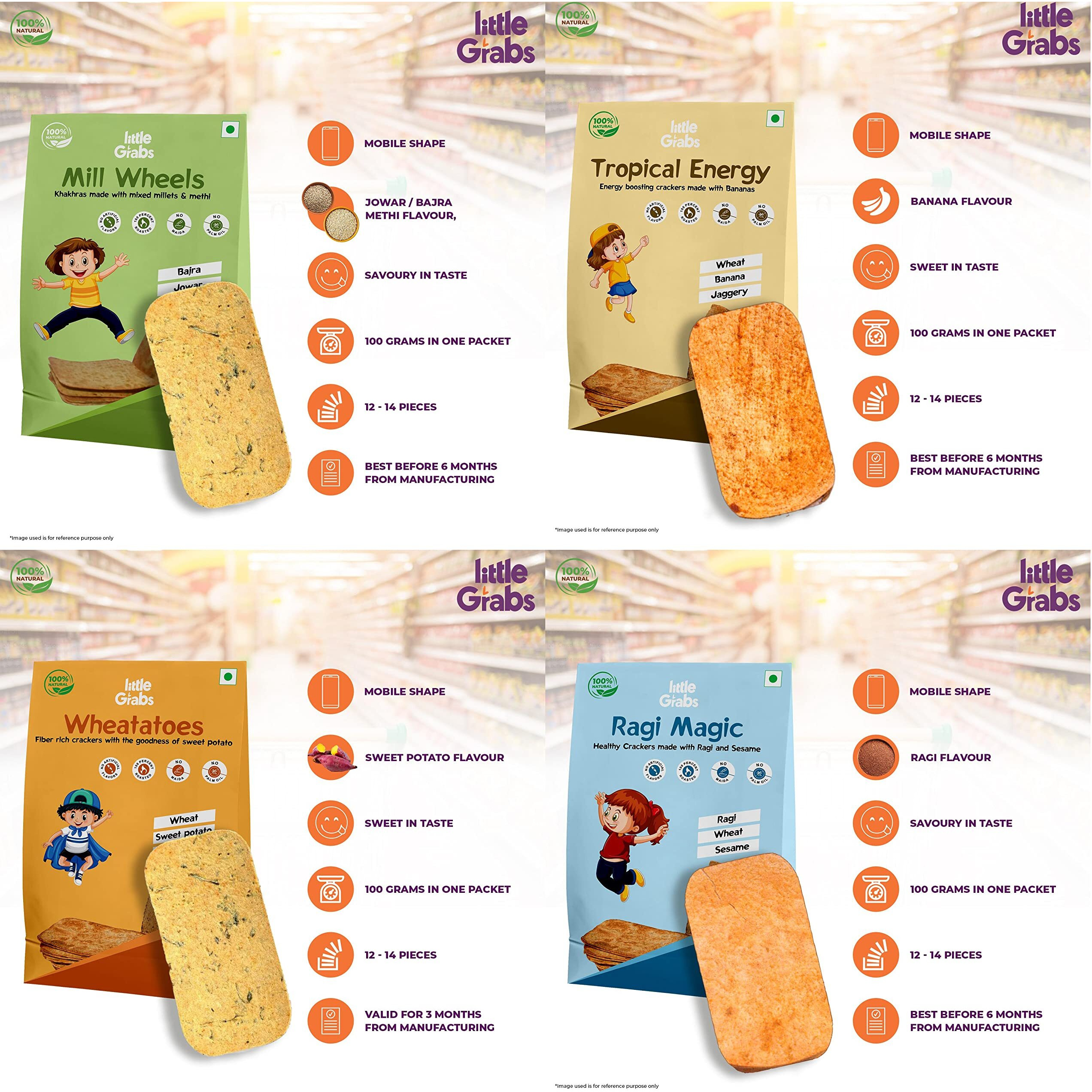 Little Grabs - 4 Flavour(Jowar + Ragi + Potato + Banana) Khakhra Snack 100Gm Each (Pack Of 4) | Hand Roasted | Healthy Crispy Khakhra For Kids & Adults | Organic Cold-Pressed Sunflower Oil