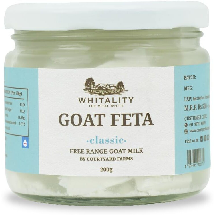 Whitality Feta Cheese in Brine, Premium Cheese from Free Ranged Milk, Aravalli Grazed Authentic Goat milk (200gm)