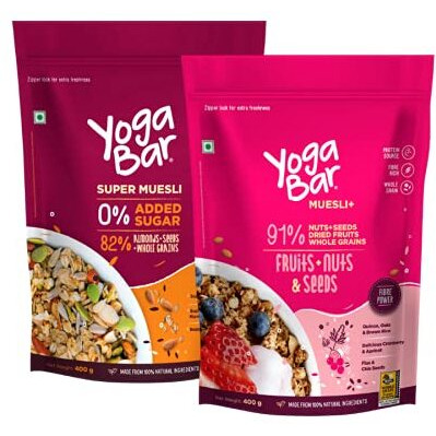 Yogabar Breakfast Cereal & Muesli | 93% Whole Grains Dry Fruits Nuts and Seeds | No Added Sugar 82% Almonds Whole Grains and Seeds | 400g Each