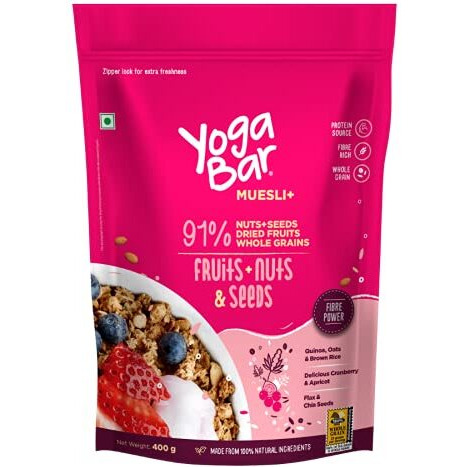 Yogabar Breakfast Cereal & Muesli | 93% Whole Grains Dry Fruits Nuts and Seeds | No Added Sugar 82% Almonds Whole Grains and Seeds | 400g Each
