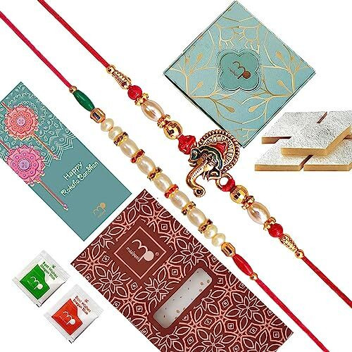 Maalpani Rakhi with Kaju Katali Sweets Box | 2 Rakhi and Sweets for Rakshabandhan | Rakhi sweets Hamper for Brother with Greeting Card D2021s