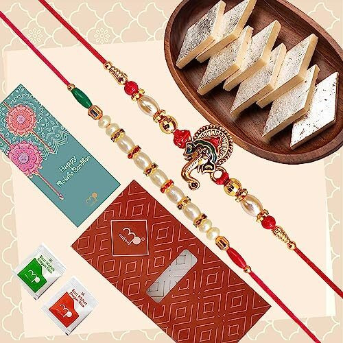 Maalpani Rakhi with Kaju Katali Sweets Box | 2 Rakhi and Sweets for Rakshabandhan | Rakhi sweets Hamper for Brother with Greeting Card D2021s