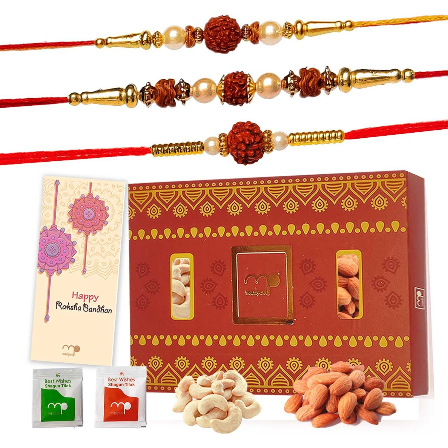 Maalpani Dry Fruit - Rakhi - Premium Rakhi Gift Set of 3 Fancy Rudraksh Rakhi - Dryfruits N Box