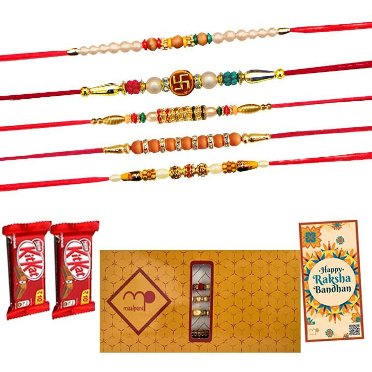 Maalpani Rakhi Chocolate Hamper Combo - Set of 5 Pearl and Bead Rakhi - Chocolates - Rakhi Chocolate Gift