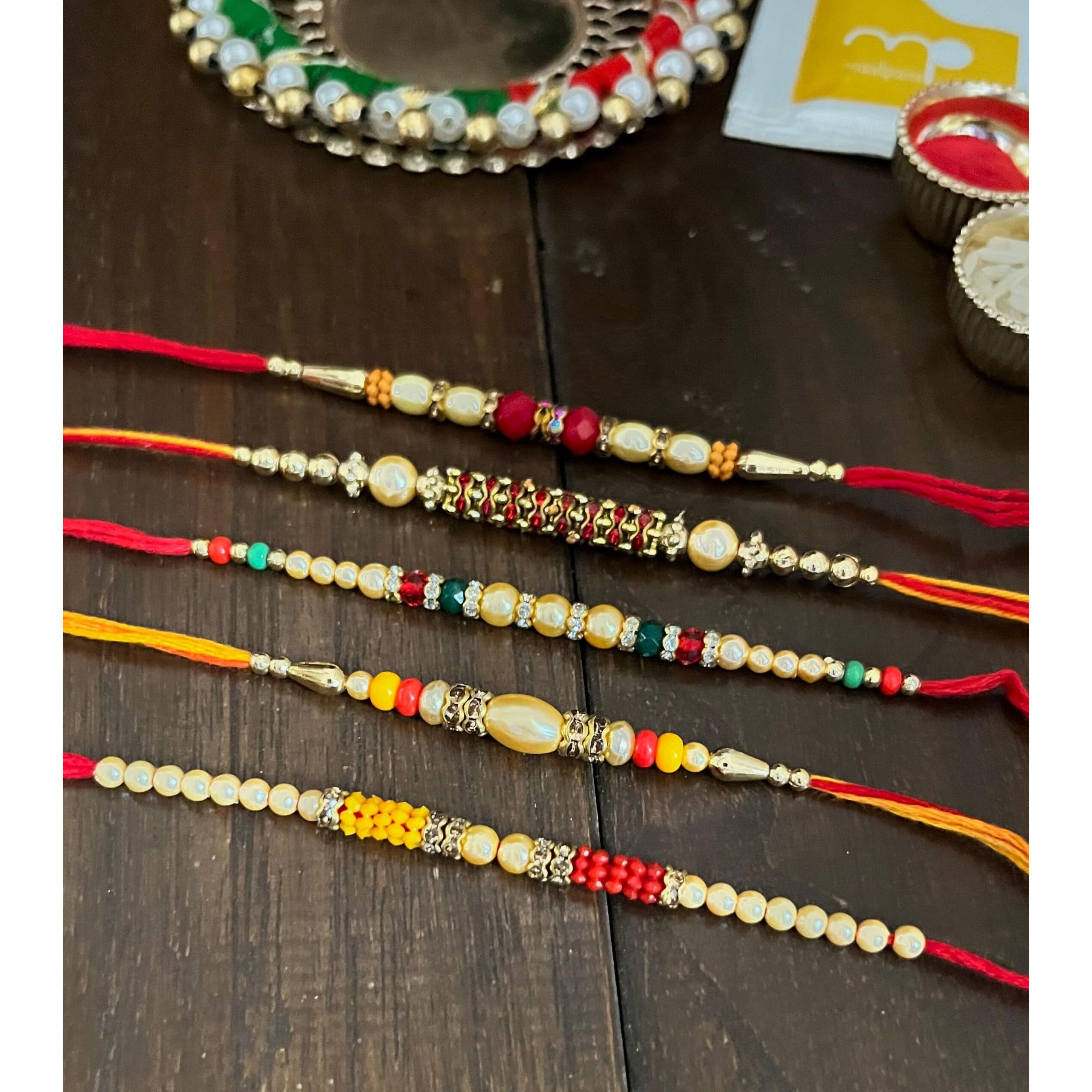 Maalpani Rakhi Chocolate Hamper Combo - Set of 5 Pearl and Bead Rakhi - Chocolates - Rakhi Chocolate Gift