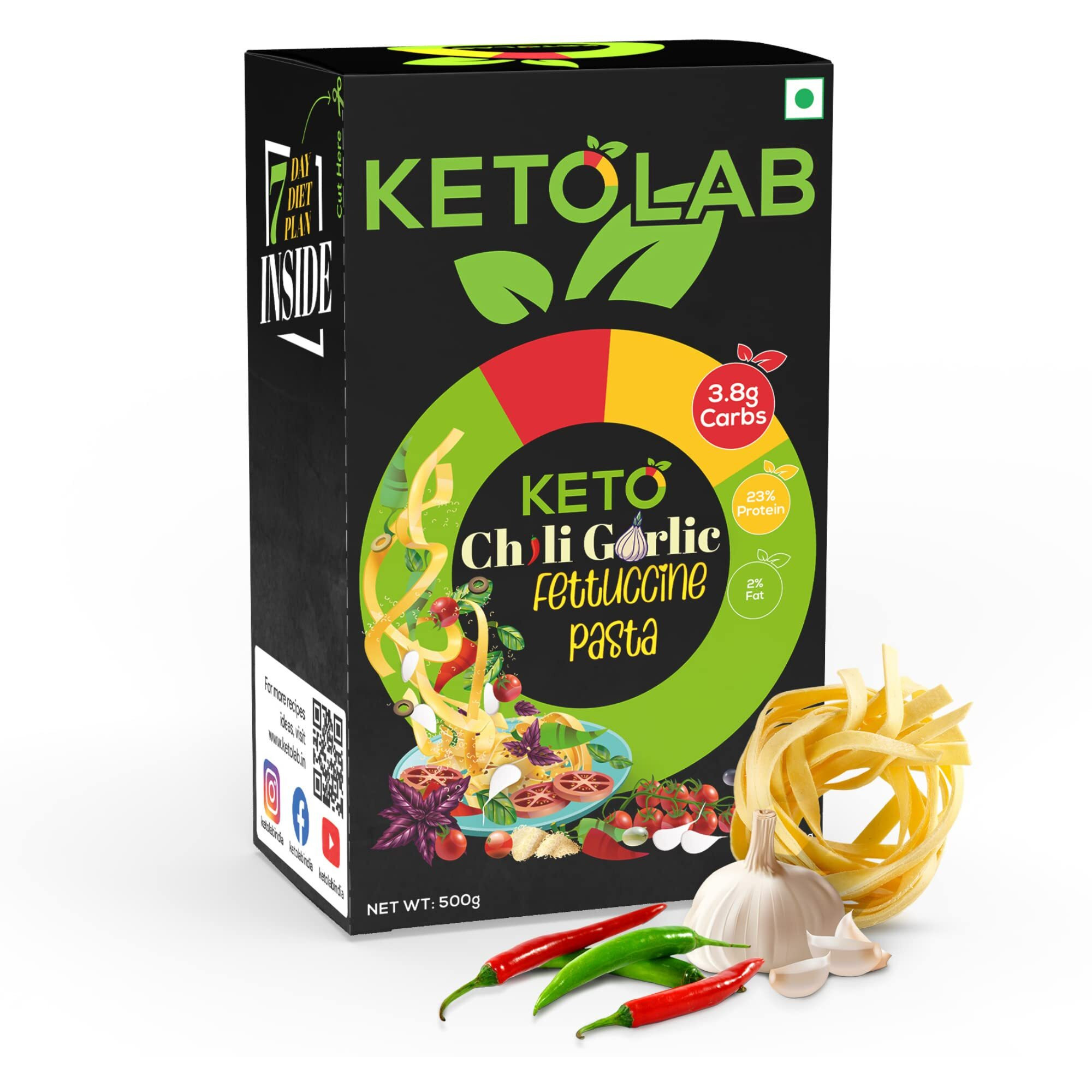 Ketolab Keto Chilli Garlic Fettuccine Pasta (Flat noodles), 200 Gms (Pack of 2), 3.8g Net Carb & 23% High Protein/Serving, Identical to Regular Pasta, Low Carb, Low GI, Keto Diet, Diabetic Friendly