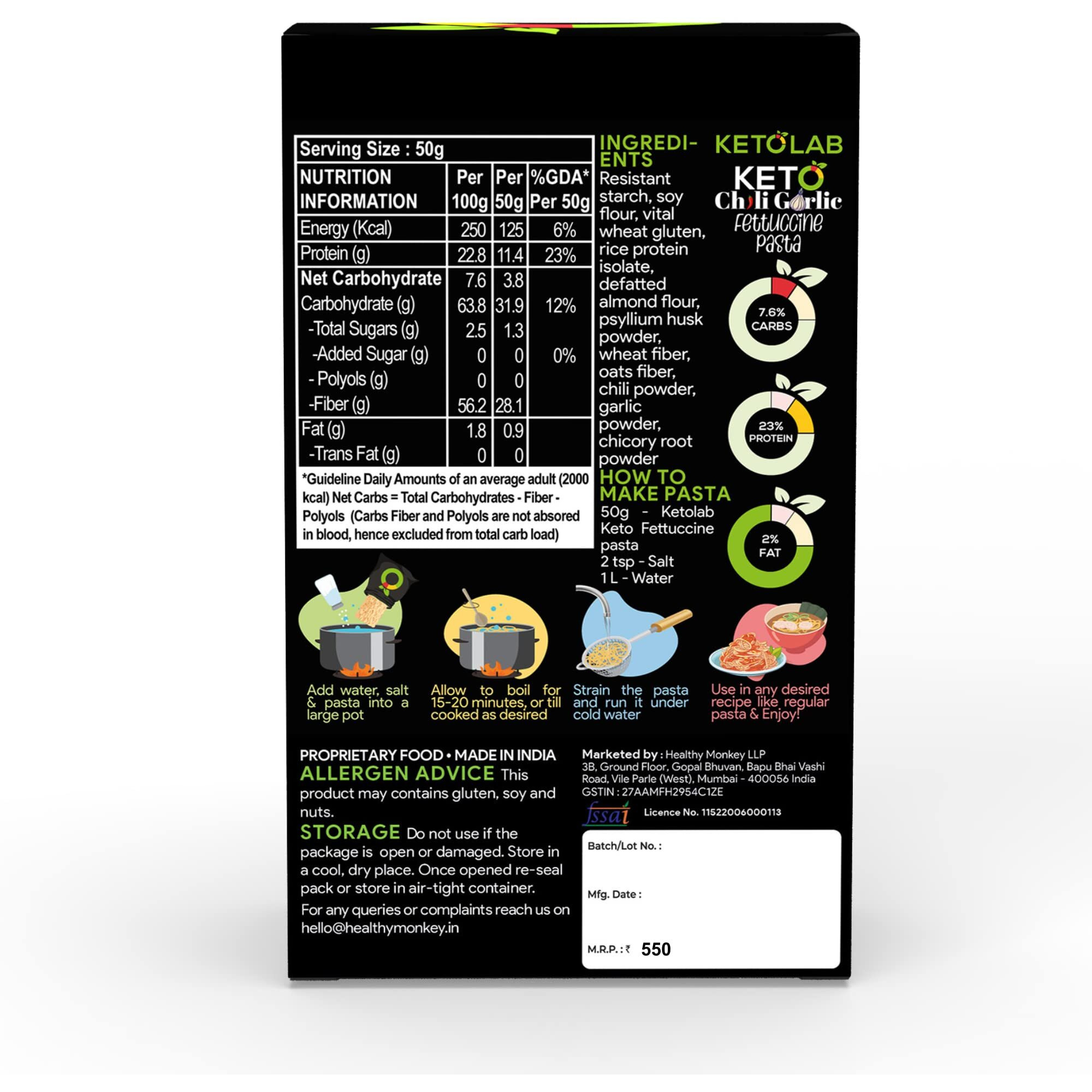 Ketolab Keto Chilli Garlic Fettuccine Pasta (Flat noodles), 200 Gms (Pack of 2), 3.8g Net Carb & 23% High Protein/Serving, Identical to Regular Pasta, Low Carb, Low GI, Keto Diet, Diabetic Friendly