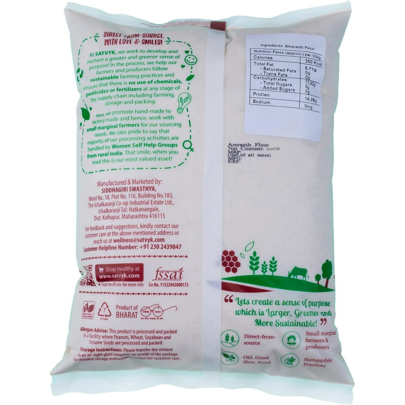 S Siddhagiris SATVYK THE HEALTH re STORE Organic Amaranth Flour - (500gm) - Stoneground Rajgira Atta | Gluten-Free | Vrat - Upwas ka Rajgeera Atta | Fresh Amaranthus Flour