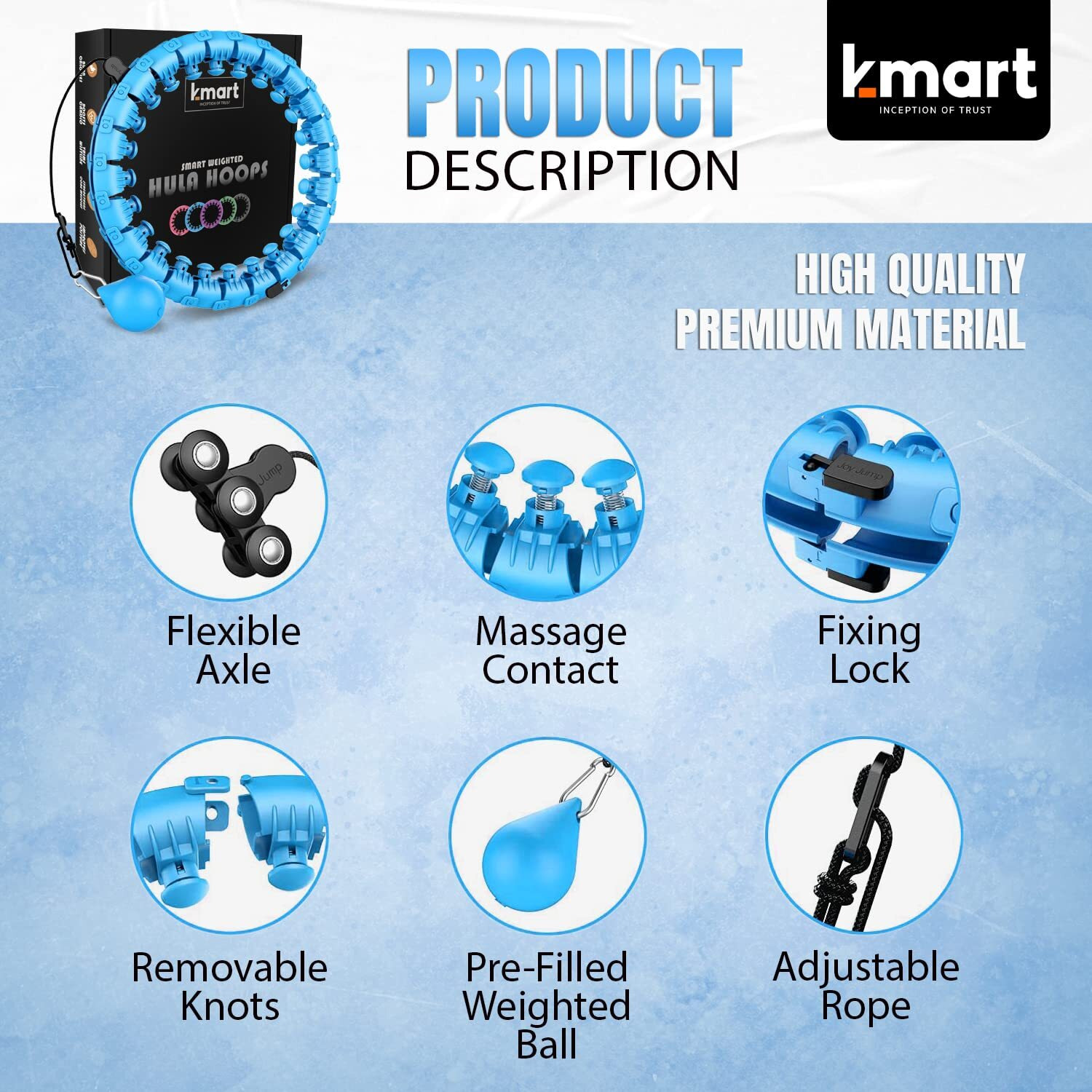 K-MART Smart Hula Ring Hoops, Weighted Hula Circle 24 Detachable Fitness Ring with 360 Degree Auto-Spinning Ball Gymnastics, Massage, Adult Fitness for Weight Loss (Blue)