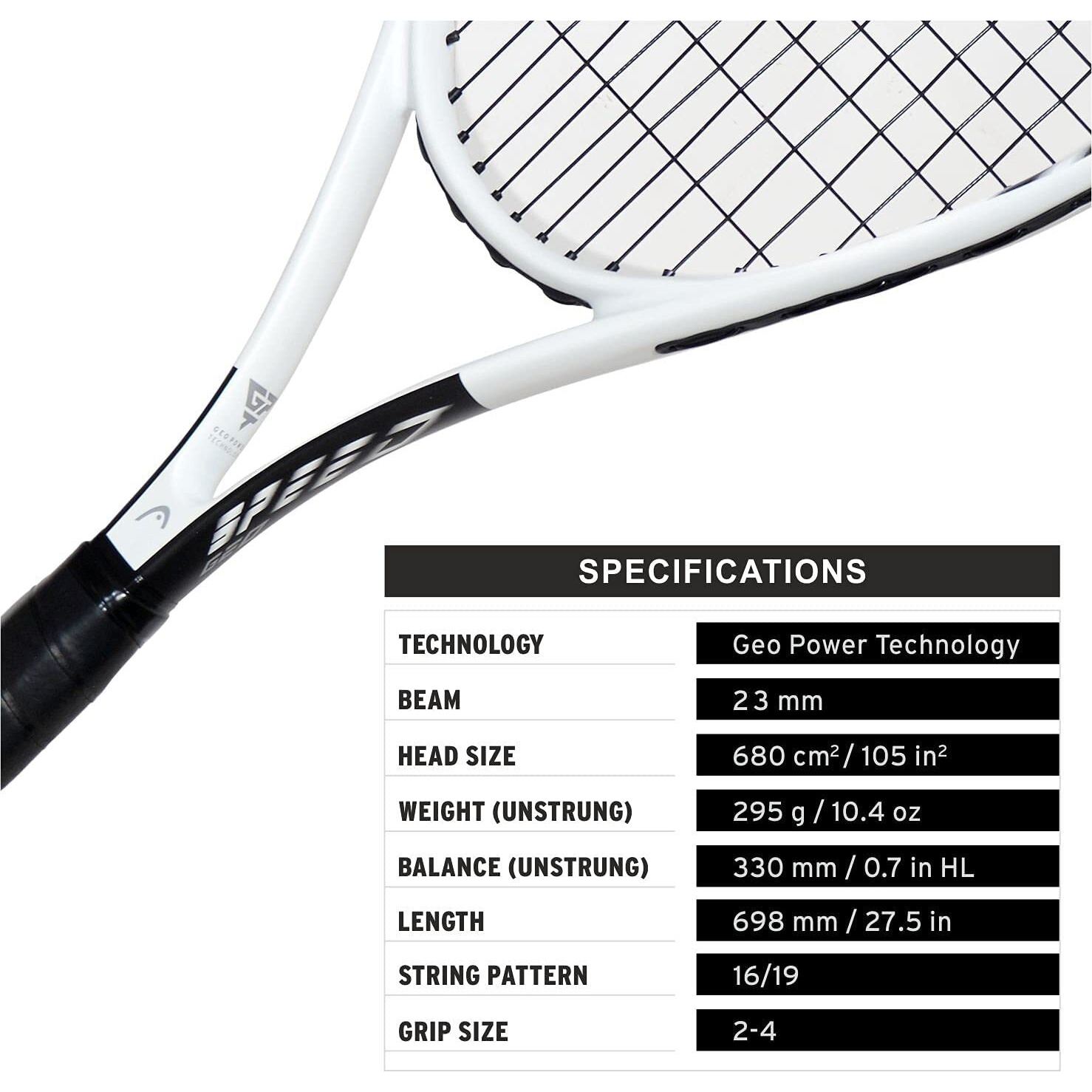 Head Geo Speed Adult Tennis Racket - Pre-Strung Head Light Balance 27.5 Inch Racquet - 4 3/8 in Grip