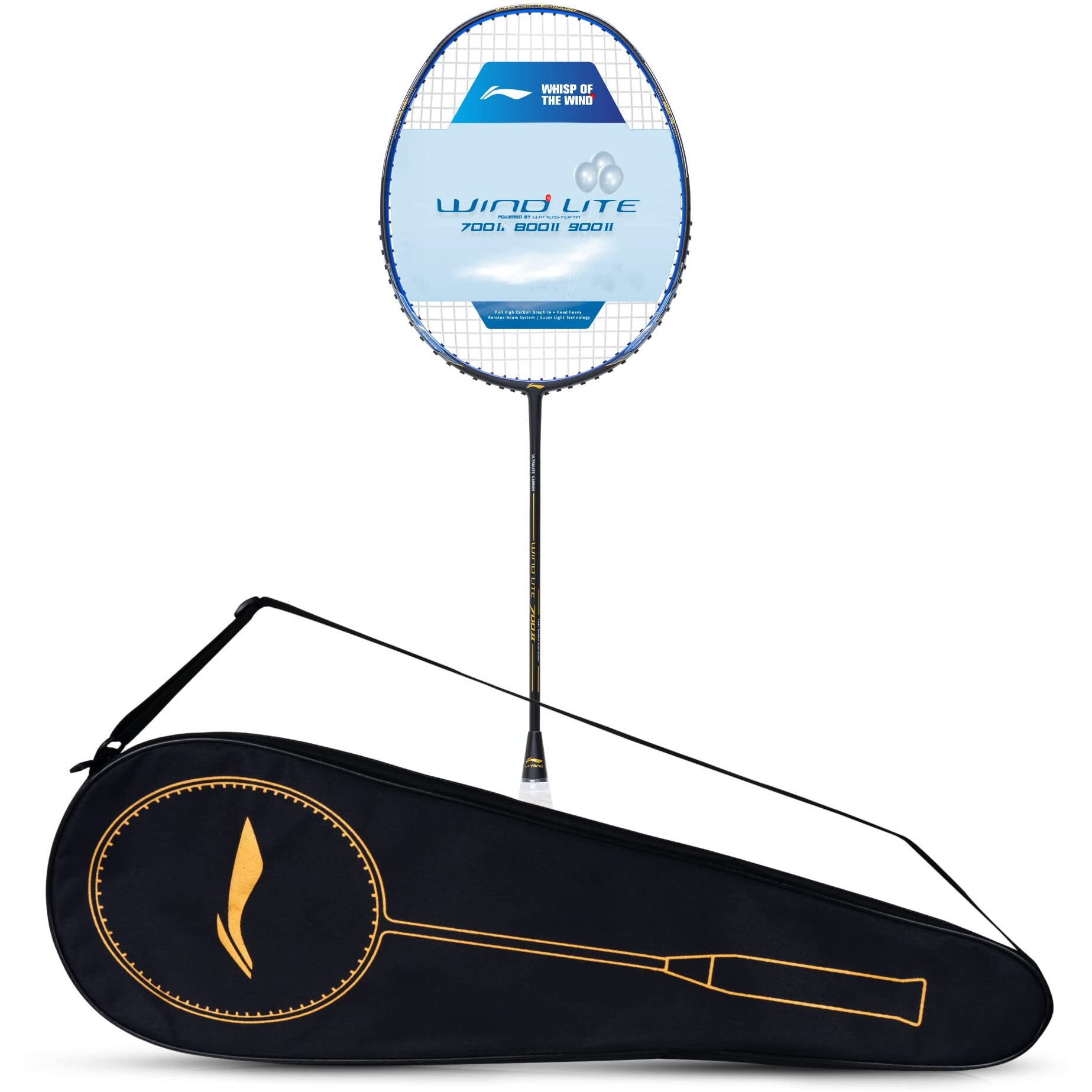 Li-Ning Wind Lite 700 II Carbon Graphite Badminton Strung Racket with Full Racket Cover (Black/Blue)