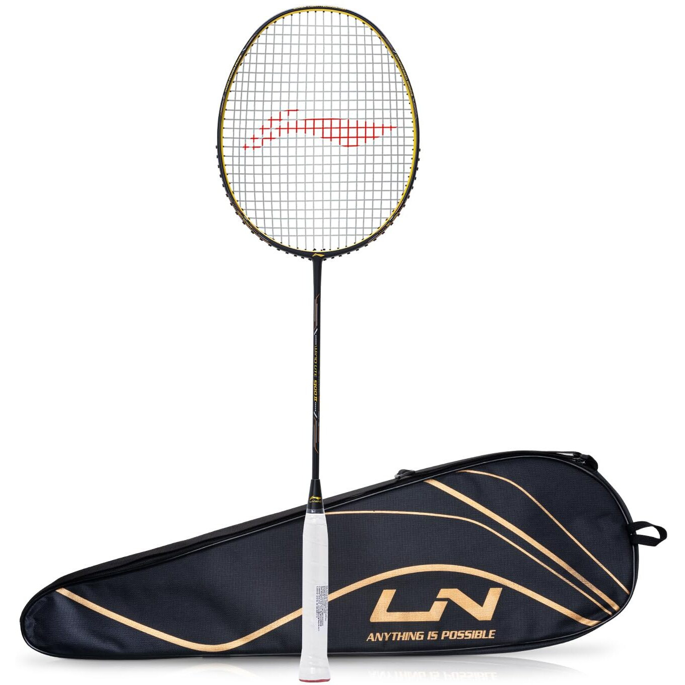 Li-Ning Wind Lite 900 II Carbon Graphite Badminton Strung Racket with Full Racket Cover (Black/Gold)
