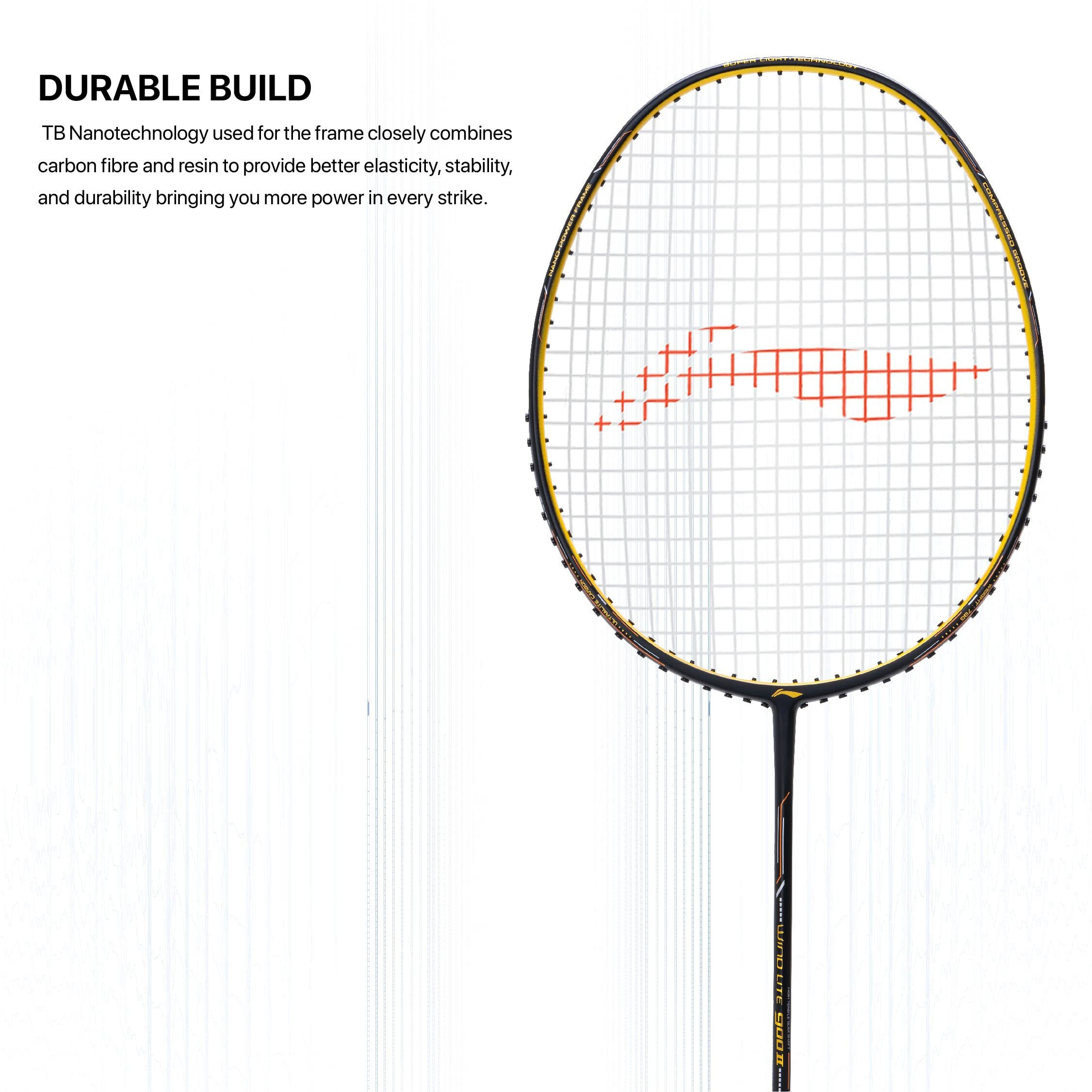 Li-Ning Wind Lite 900 II Carbon Graphite Badminton Strung Racket with Full Racket Cover (Black/Gold)