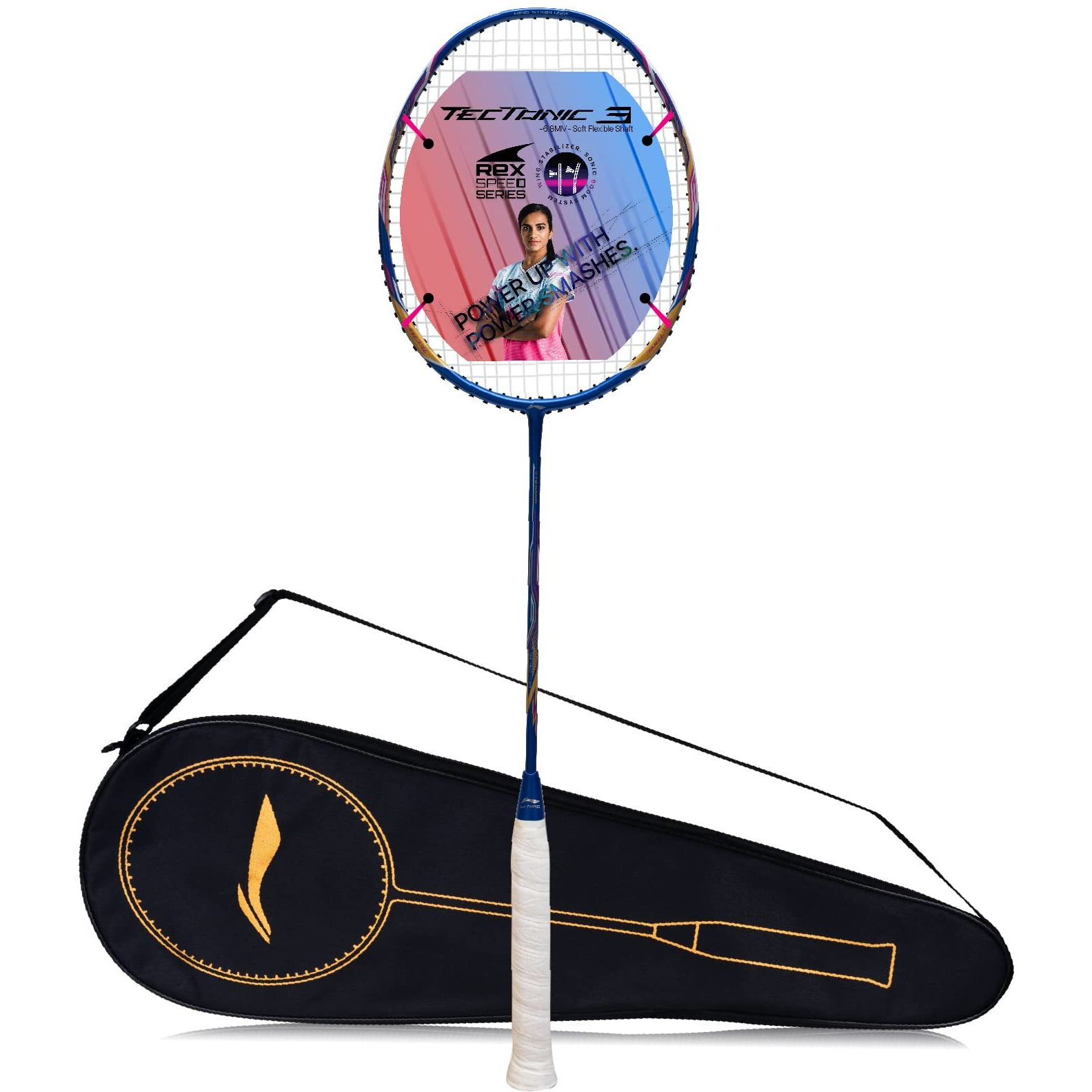 Li-Ning Tectonic 3R Strung Carbon Fibre Badminton Racket (Blue/Gold/Pink) with Free Full Cover