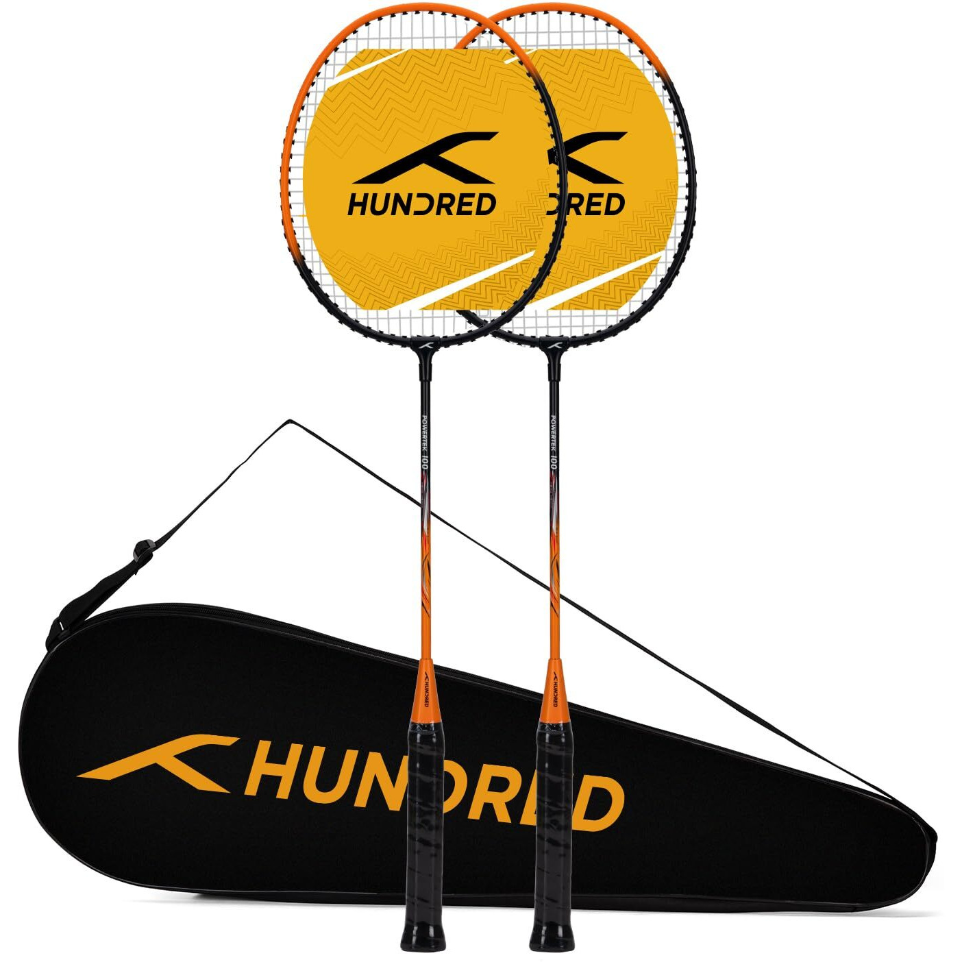 HUNDRED Aluminium Powertek 100 (Set of 2) Badminton Racket with Full Cover (115G, Black/Orange)