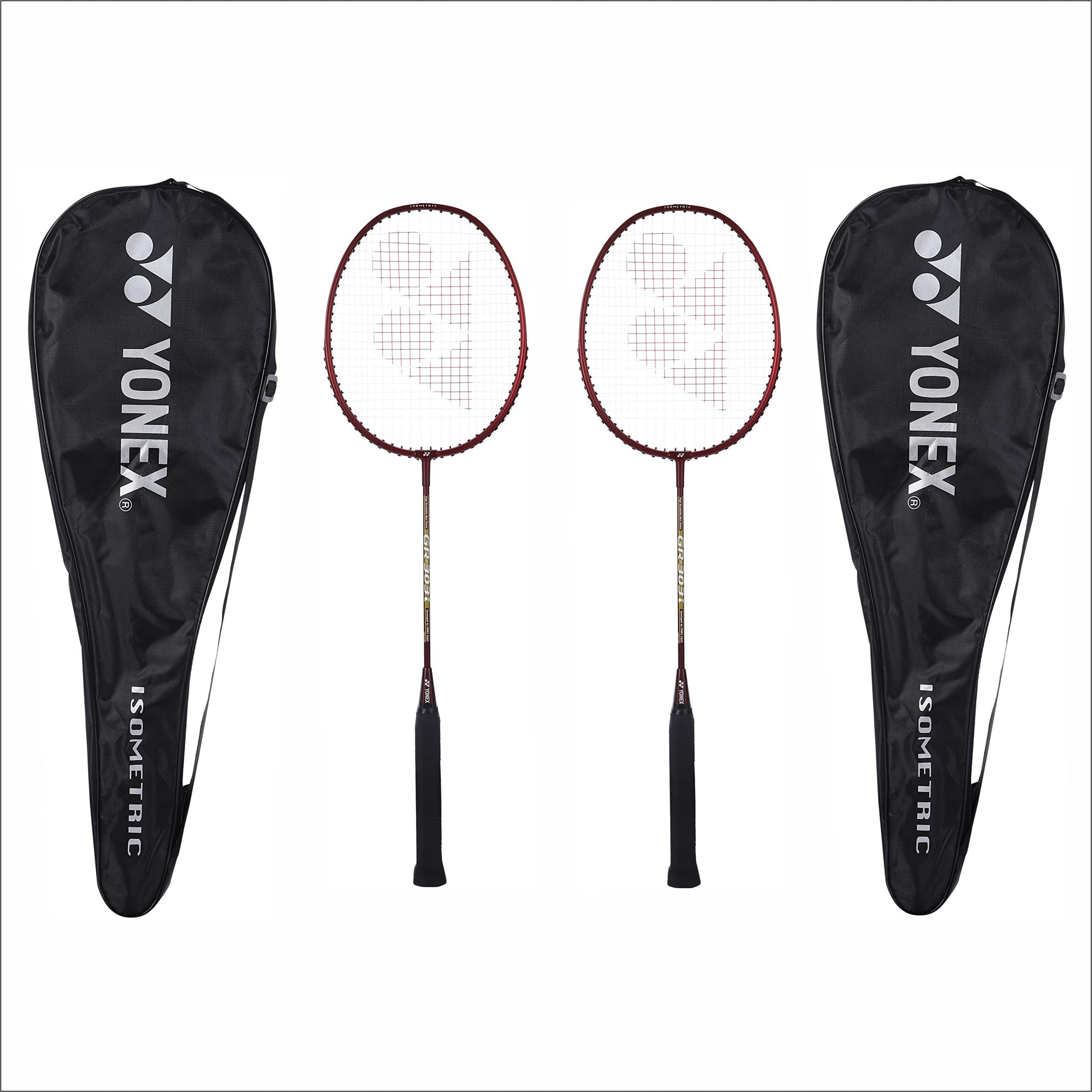 YONEX Aluminium Badminton Racquet Gr 303I Made in India Pack of 2 with Full Cover (Deep Red/Deep Red)