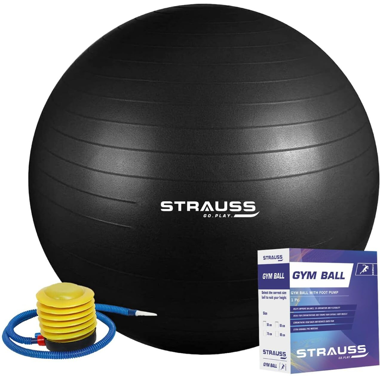 STRAUSS Anti-Burst Rubber Gym Ball with Free Foot Pump | Round Shape Swiss Ball for Exercise, Workout, Yoga, Pregnancy, Birthing, Balance & Stability, 75 cm, (Black)