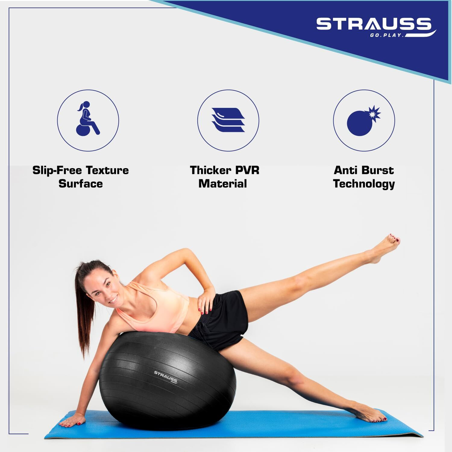 STRAUSS Anti-Burst Rubber Gym Ball with Free Foot Pump | Round Shape Swiss Ball for Exercise, Workout, Yoga, Pregnancy, Birthing, Balance & Stability, 75 cm, (Black)