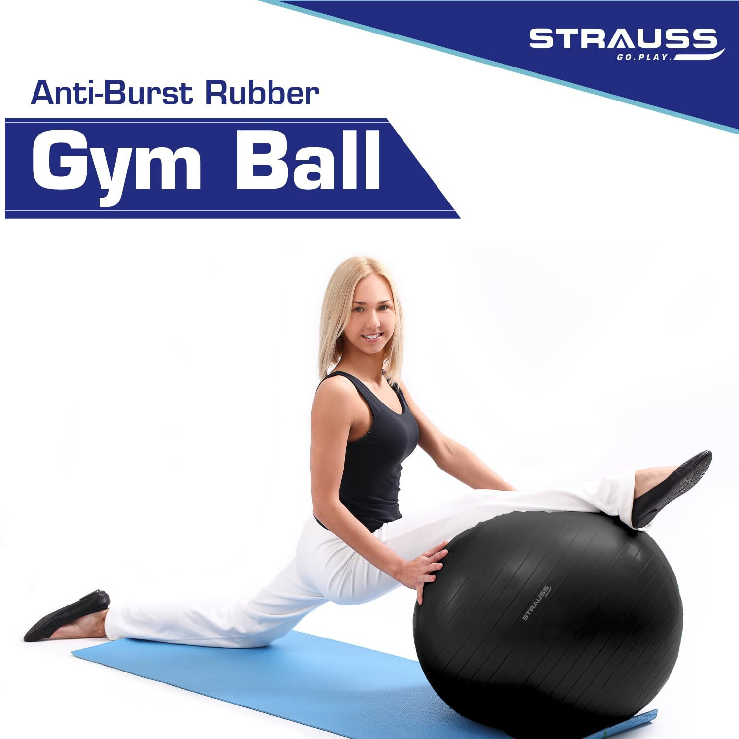 STRAUSS Anti-Burst Rubber Gym Ball with Free Foot Pump | Round Shape Swiss Ball for Exercise, Workout, Yoga, Pregnancy, Birthing, Balance & Stability, 75 cm, (Black)