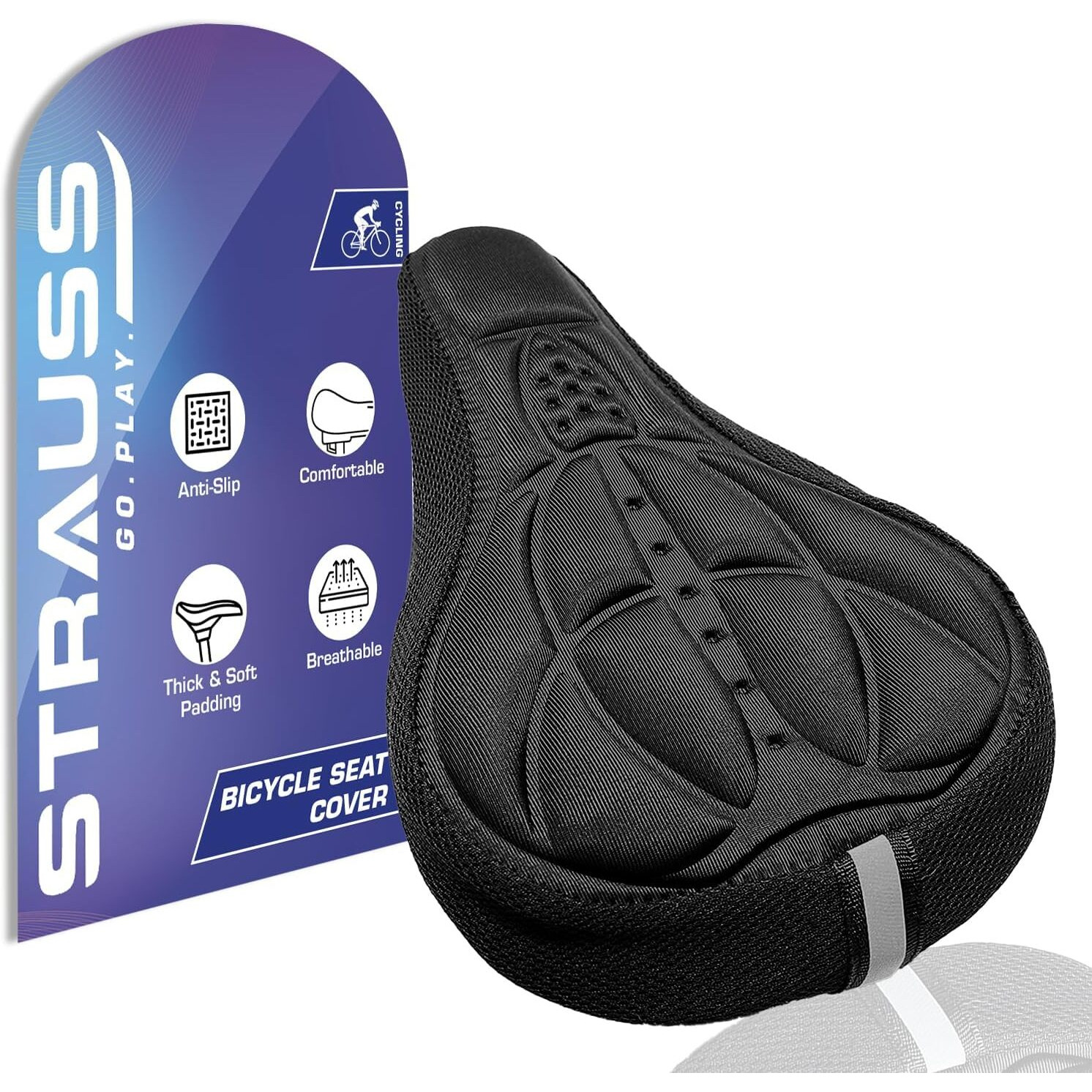 Strauss Saddle Seat Cover with Anti-Slip Granules & Soft, Thick Padding | Superior Comfort, Breathable Design | Comes with Adjustable Rope Straps & Fits all Cycles, (Black)