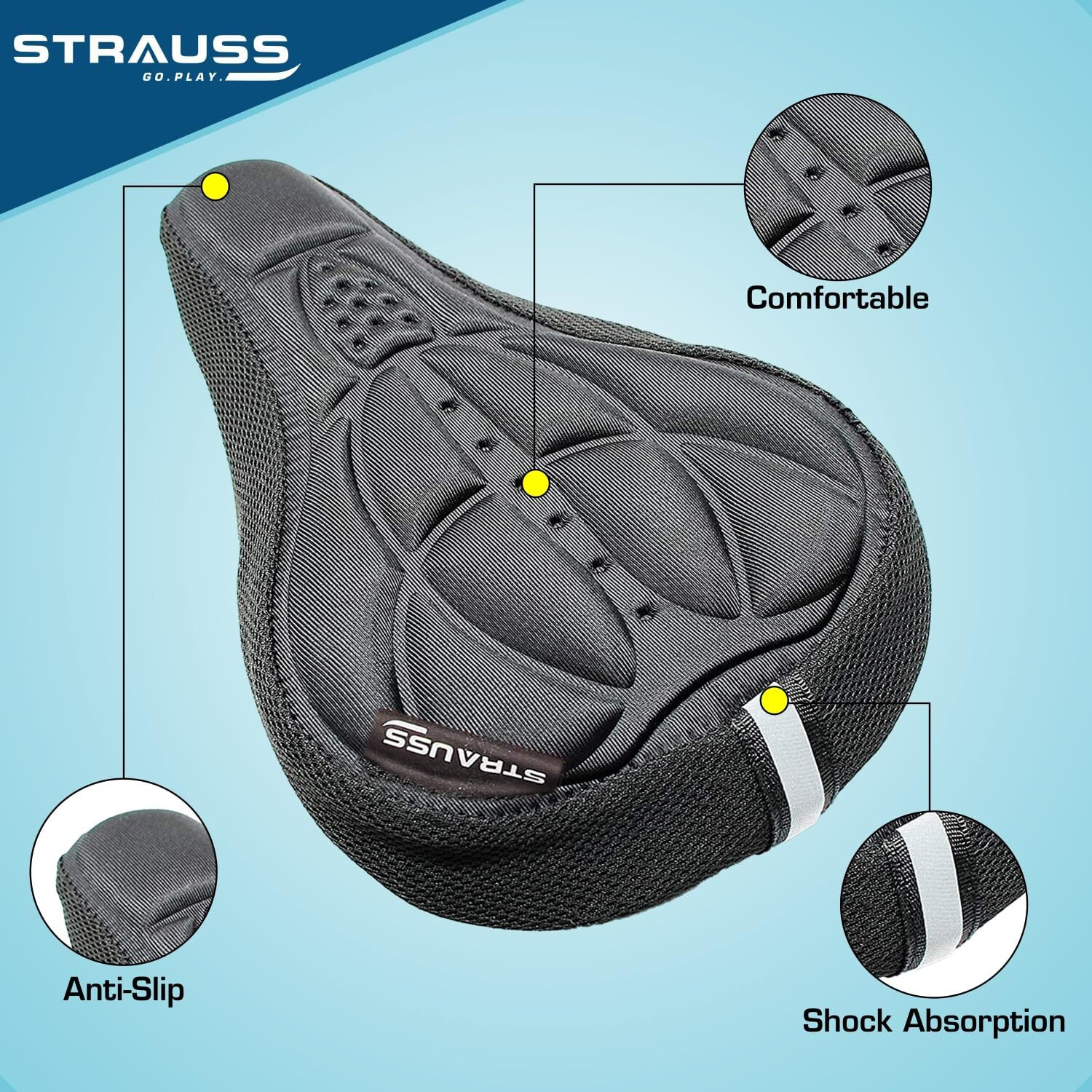 Strauss Saddle Seat Cover with Anti-Slip Granules & Soft, Thick Padding | Superior Comfort, Breathable Design | Comes with Adjustable Rope Straps & Fits all Cycles, (Black)