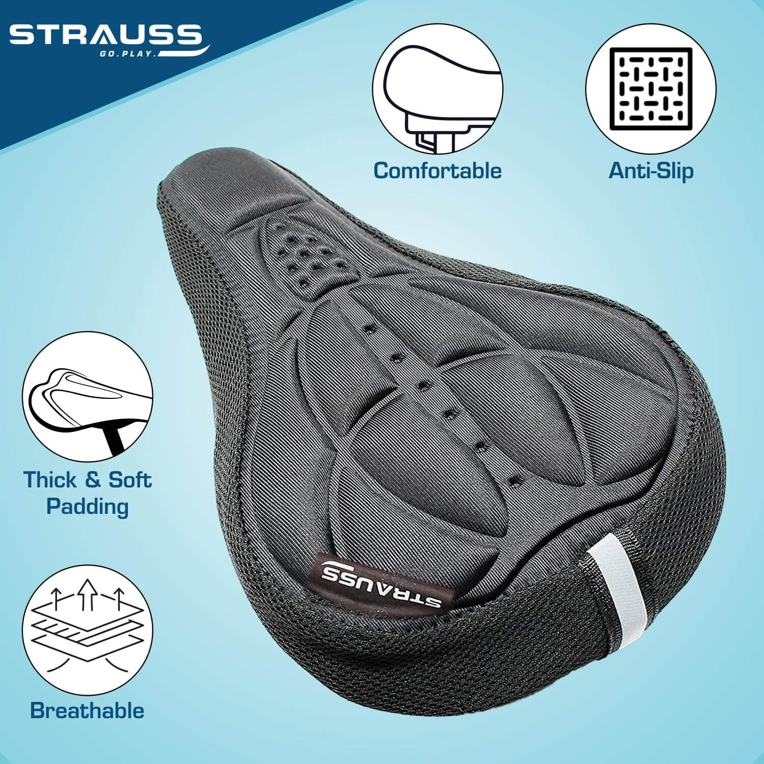 Strauss Saddle Seat Cover with Anti-Slip Granules & Soft, Thick Padding | Superior Comfort, Breathable Design | Comes with Adjustable Rope Straps & Fits all Cycles, (Black)