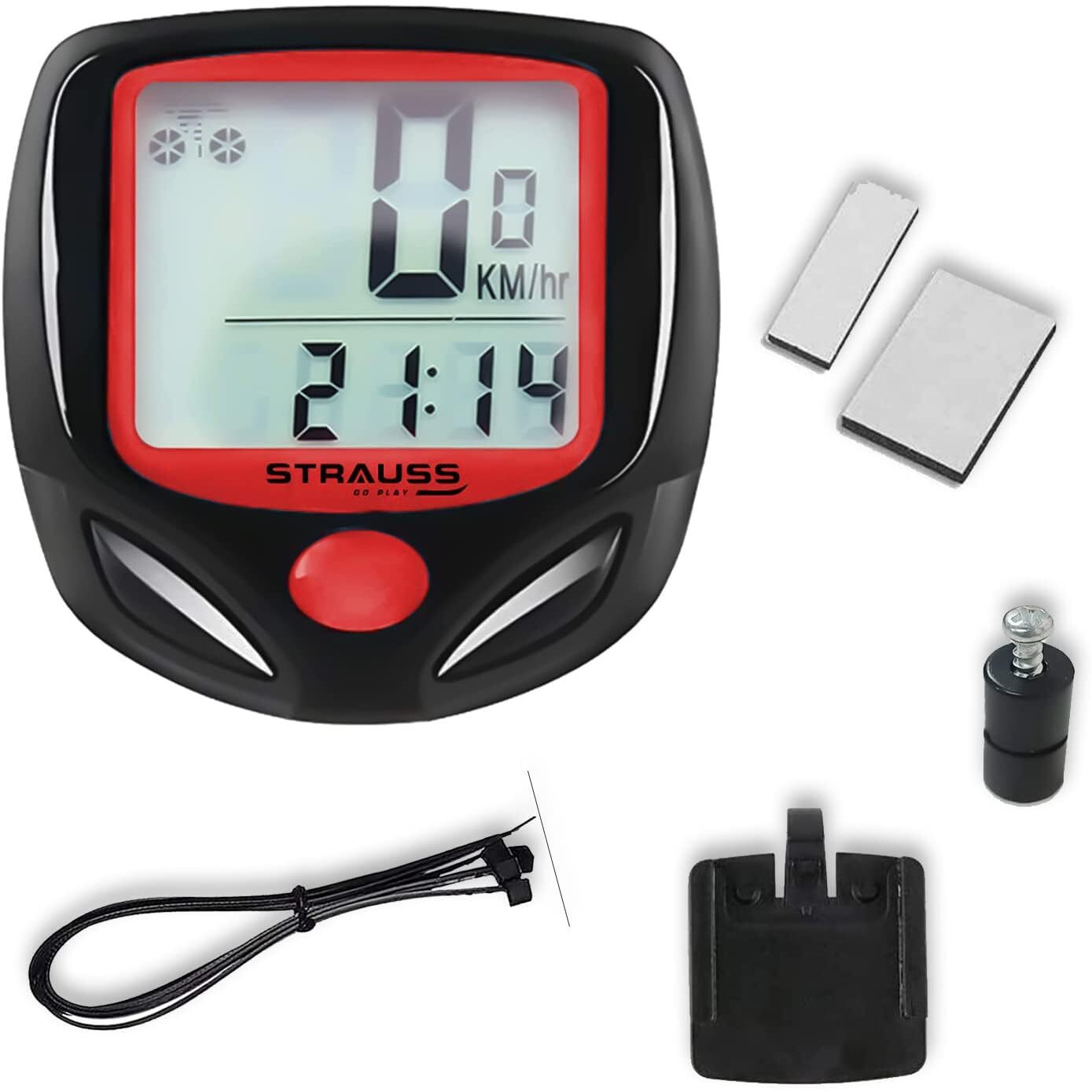 Strauss Bicycle Computer Odometer Speedometer | Waterproof LCD Display, Lightweight Multi-Function Cycling Accessory | Auto Sleep & Wake Up Mode, Speed Monitor | Easy Install & Read, (Red/Black)