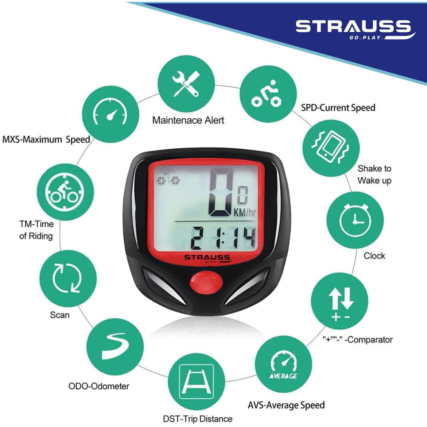 Strauss Bicycle Computer Odometer Speedometer | Waterproof LCD Display, Lightweight Multi-Function Cycling Accessory | Auto Sleep & Wake Up Mode, Speed Monitor | Easy Install & Read, (Red/Black)
