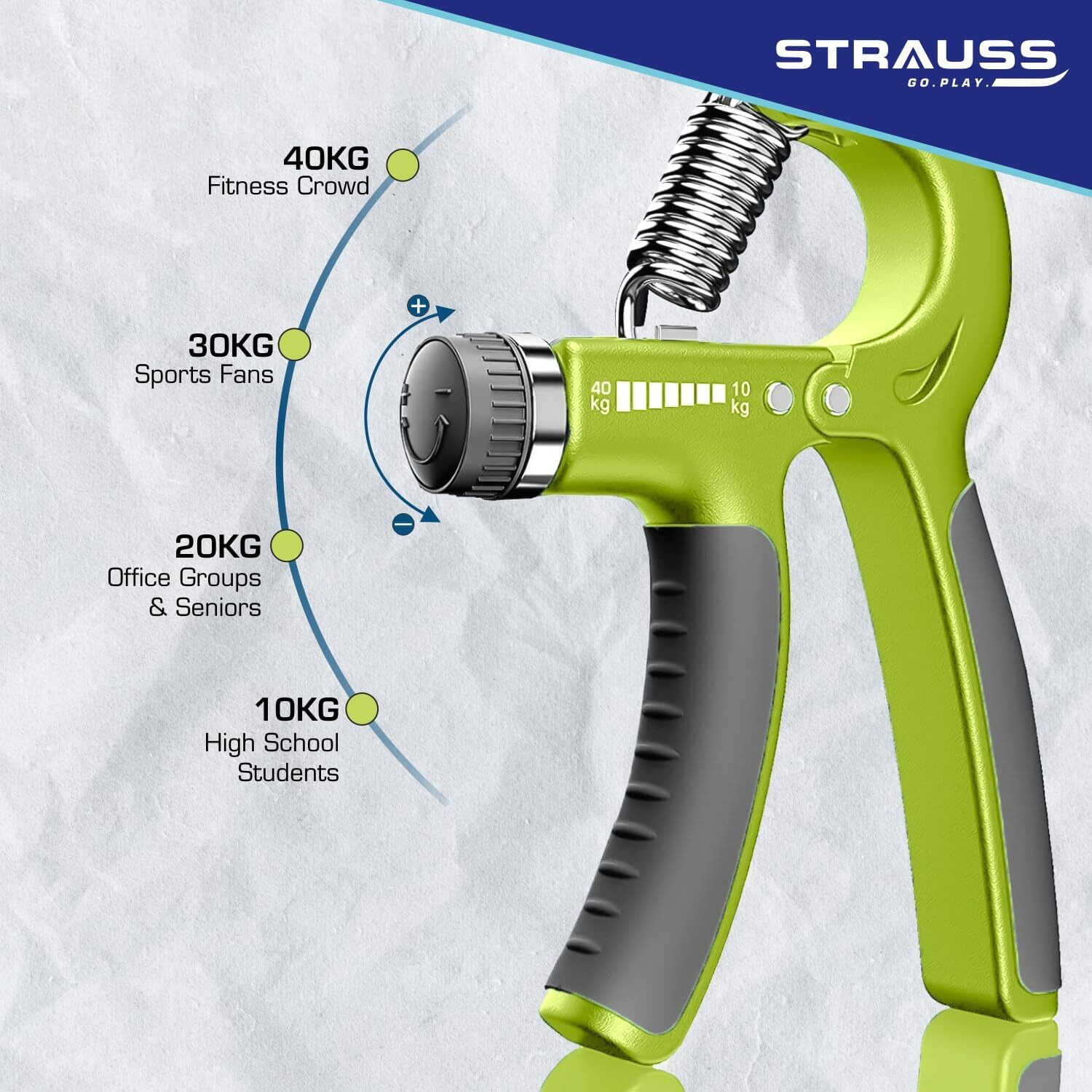 Strauss Adjustable Hand Grip| Adjustable Resistance (10KG - 40KG) | Hand Gripper for Home & Gym Workouts | Perfect for Finger & Forearm Hand Exercises & Strength Building for Men & Women (Black/Green)