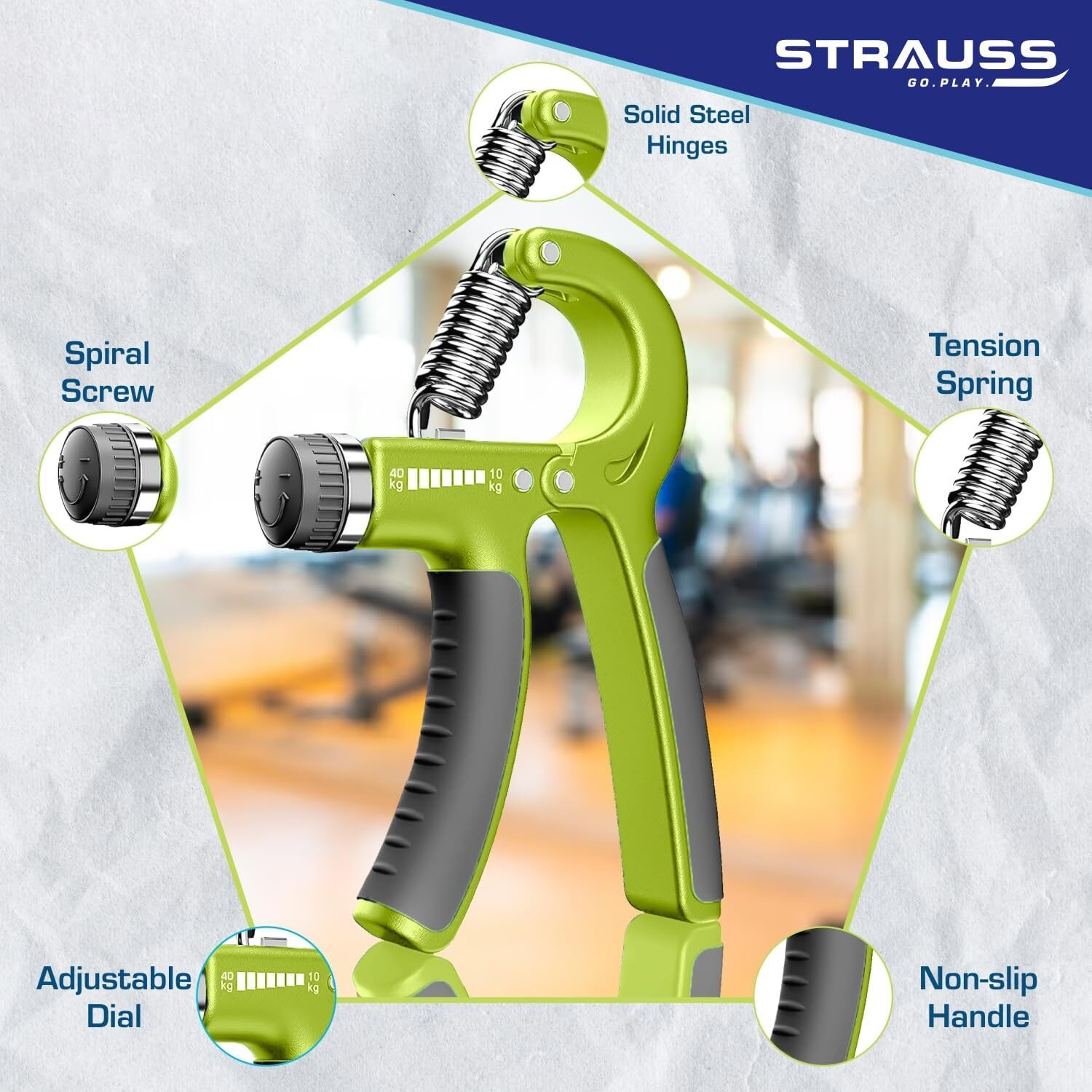Strauss Adjustable Hand Grip| Adjustable Resistance (10KG - 40KG) | Hand Gripper for Home & Gym Workouts | Perfect for Finger & Forearm Hand Exercises & Strength Building for Men & Women (Black/Green)