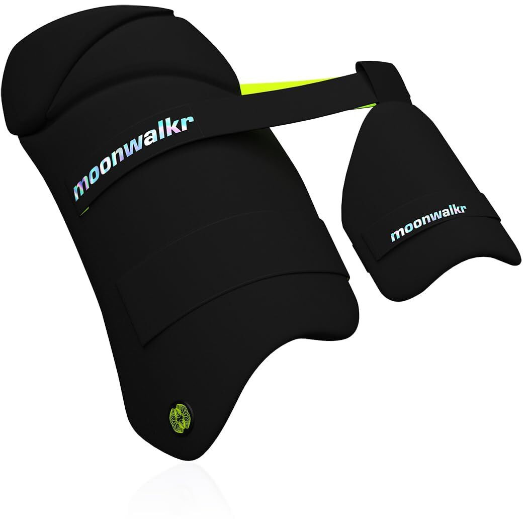 moonwalkr Thigh Guard 2.0 Protective Gear for Batters Height (59- 62) Cricket Thigh Pad Cricket Accessories & Equipment Safeguarding Both Your Outer and Inner Thighs Black (Large, Left Hand)