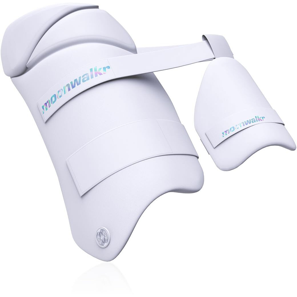 moonwalkr Thigh Guard 2.0 Protective Gear for Batters Height (49- 53) Cricket Thigh Pad Cricket Accessories & Equipment Safeguarding Both Your Outer and Inner Thighs White (Small, Left Hand)