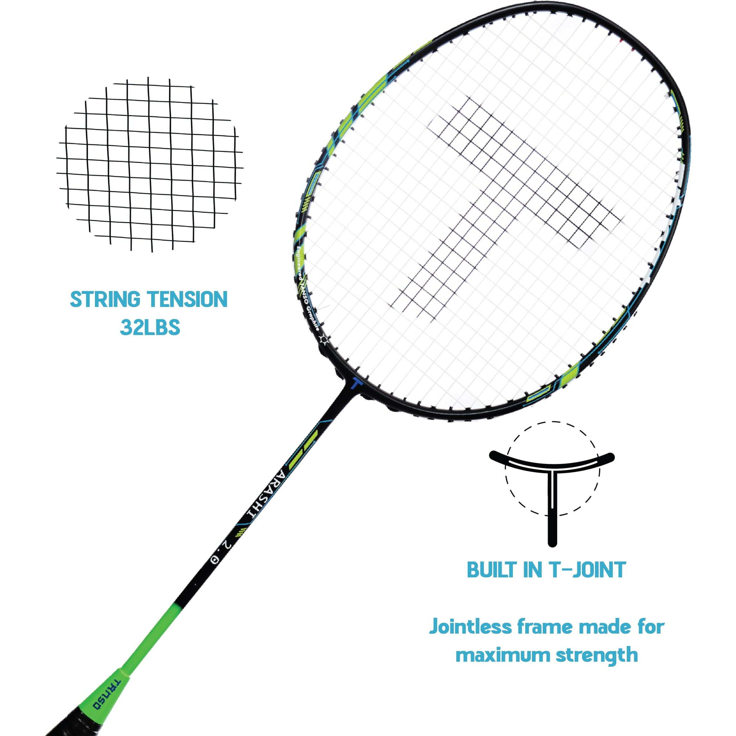 TANSO Arashi 2.0 Full Graphite Ultra Light Weight Carbon Fibre Strung Badminton Racket with Free Full Racquet Cover (77 Grams, 32 Lbs Tension, Strung with Premium Strings) (Green)