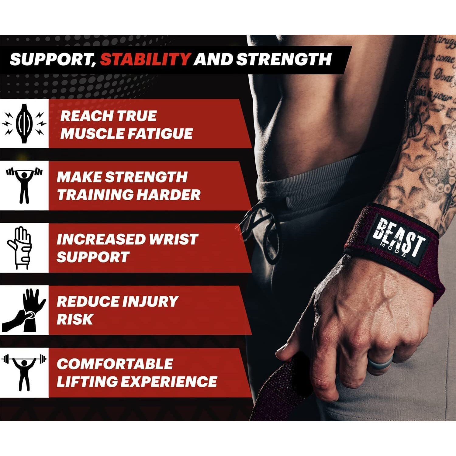 STEIGEN Fitness Exercise Nylon and Rubber Wrist Wrap Bands, Deadlift Straps Wrist Support for Gym (Beast Mode)