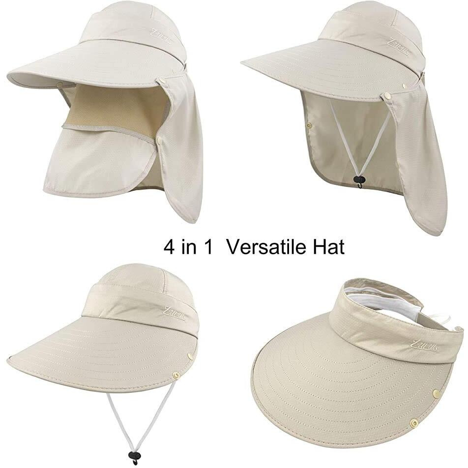 GUSTAVE Net Women Sun Wide Brim Uv Protection Fishing Hat Foldable Ponytail Summer Hats With Detachable Flaps (Khaki), Free Size