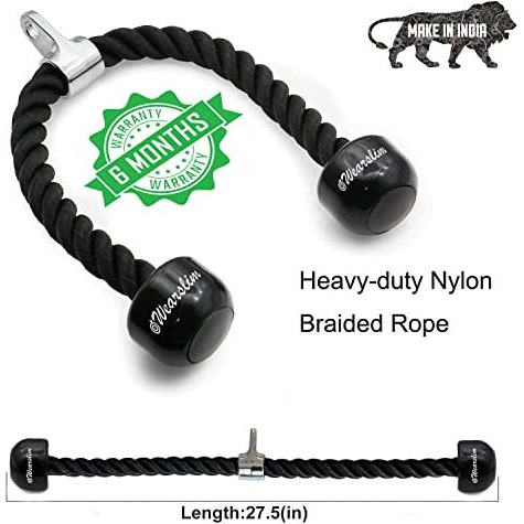Wearslim Professional Tricep Rope Pull Down Fitness Cable Attachment with Stainless Steel Snap Hook- Lats, Biceps, Triceps, Gym or Home - 27  inch Tricep Rope - Black