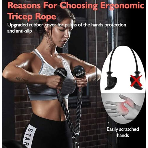 Wearslim Professional Tricep Rope Pull Down Fitness Cable Attachment with Stainless Steel Snap Hook- Lats, Biceps, Triceps, Gym or Home - 27  inch Tricep Rope - Black