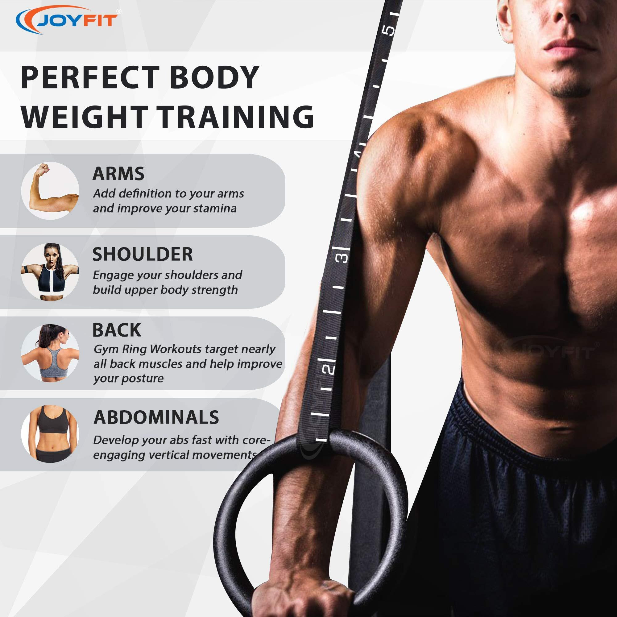 Joyfit Gym Rings -with 990 lbs Load Capacity, Adjustable Buckle Straps for Cross-Training Workout, Exercise, StrengthTraining,Gymnastics, Bodybuilding, Pull Ups for Men and Women (Set of 2) (Black)