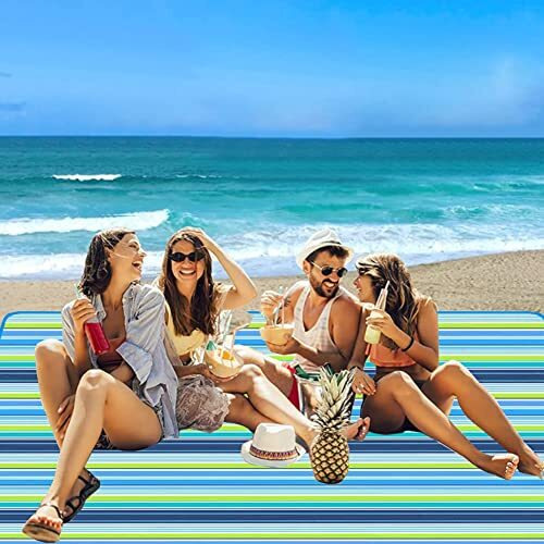 K Y KANGYUN Picnic Blanket | Beach Picnic mat for Indoor & Outdoor, 80  x 57  Sandproof Waterproof Larger Mat for Travel, Camping, Hiking, Park Grass,Handy Mat Tote, Foldable (Blue Line, Fabric)