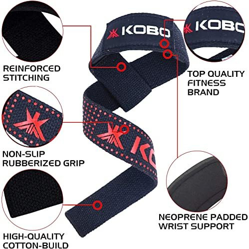 Kobo Weight Lifting Straps with Silicone Rubber Grip/Padded Gym Training Bar Belt Wrist Support, Black/red, Free Size