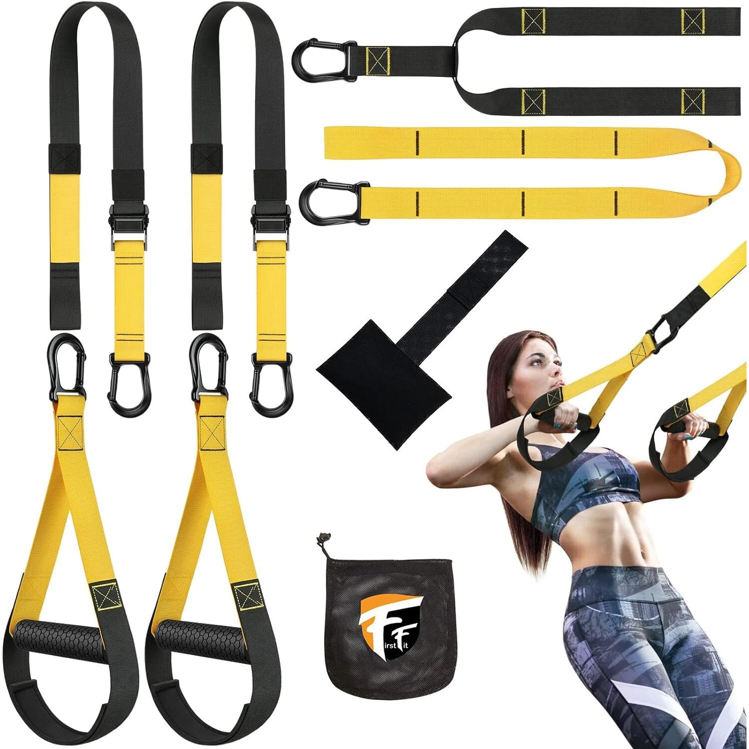 FirstFit Suspension Training Kit, All-in-One Full Body Workouts for Home, Travel, Outdoors, Gym - Bodyweight Resistance System - Build Muscle, Improve Cardio Kit Combo for Men & Women
