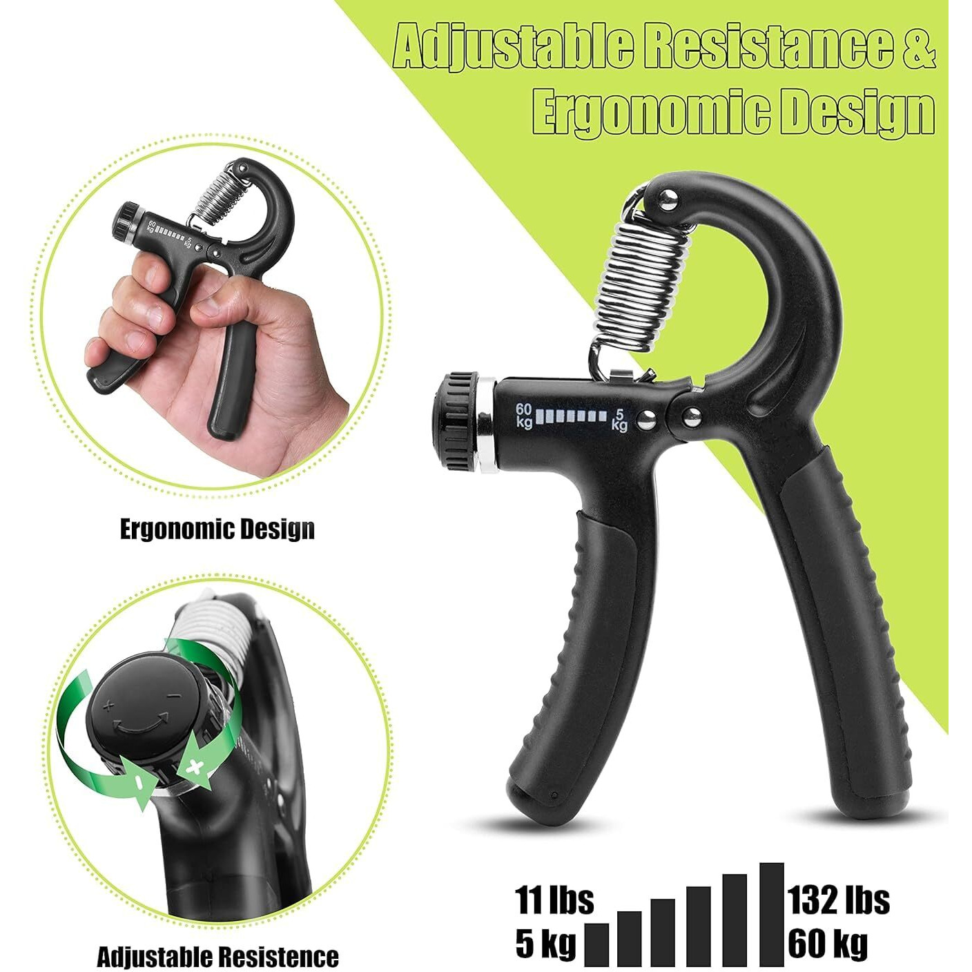 AMIFIT Fitness Grip Strength Trainer 5kg-60kg | Non Slip Hand Grip Strengthener with Stainless Steel Spring for Improving Hand, Finger, and Forearm Strength (Black)