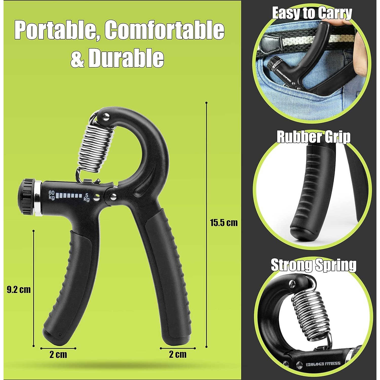 AMIFIT Fitness Grip Strength Trainer 5kg-60kg | Non Slip Hand Grip Strengthener with Stainless Steel Spring for Improving Hand, Finger, and Forearm Strength (Black)